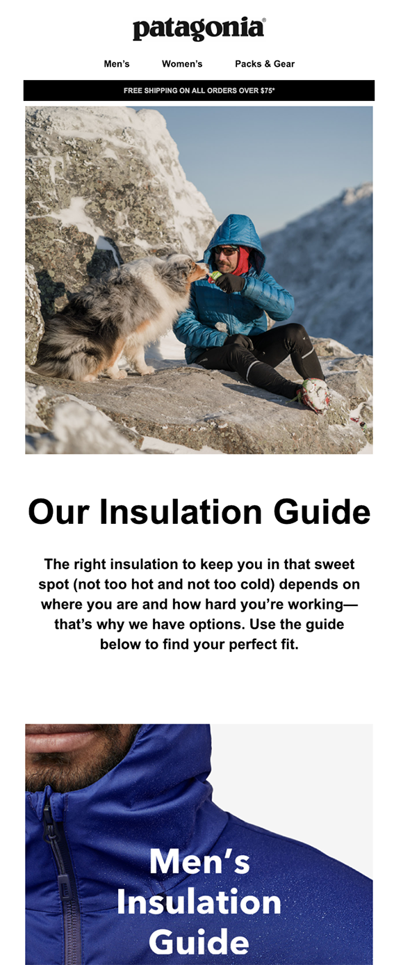 Screenshot of Patagonia welcome email with man on mountain with dog