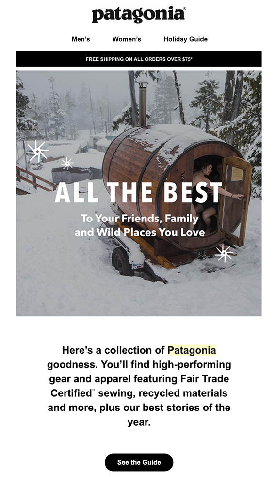 Screenshot of Patagonia welcome email with barrel in snow