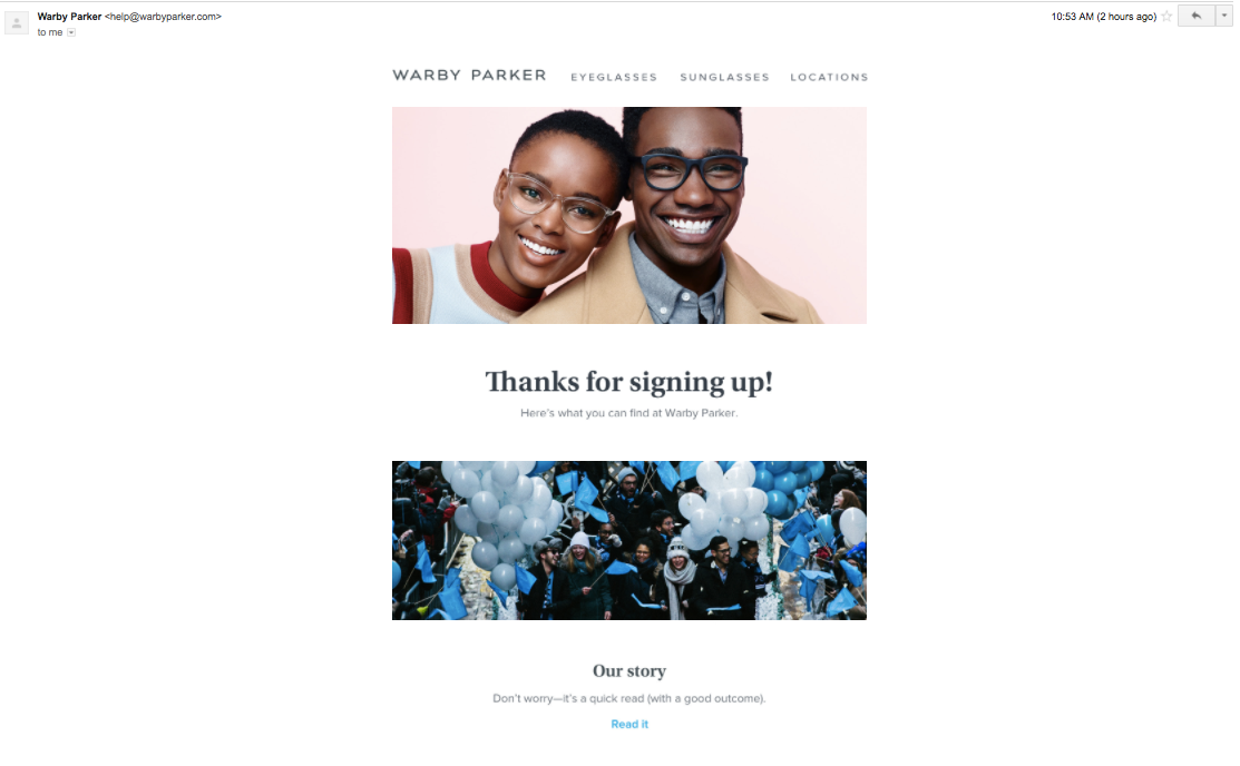 Screenshot of Warby Parker welcome email