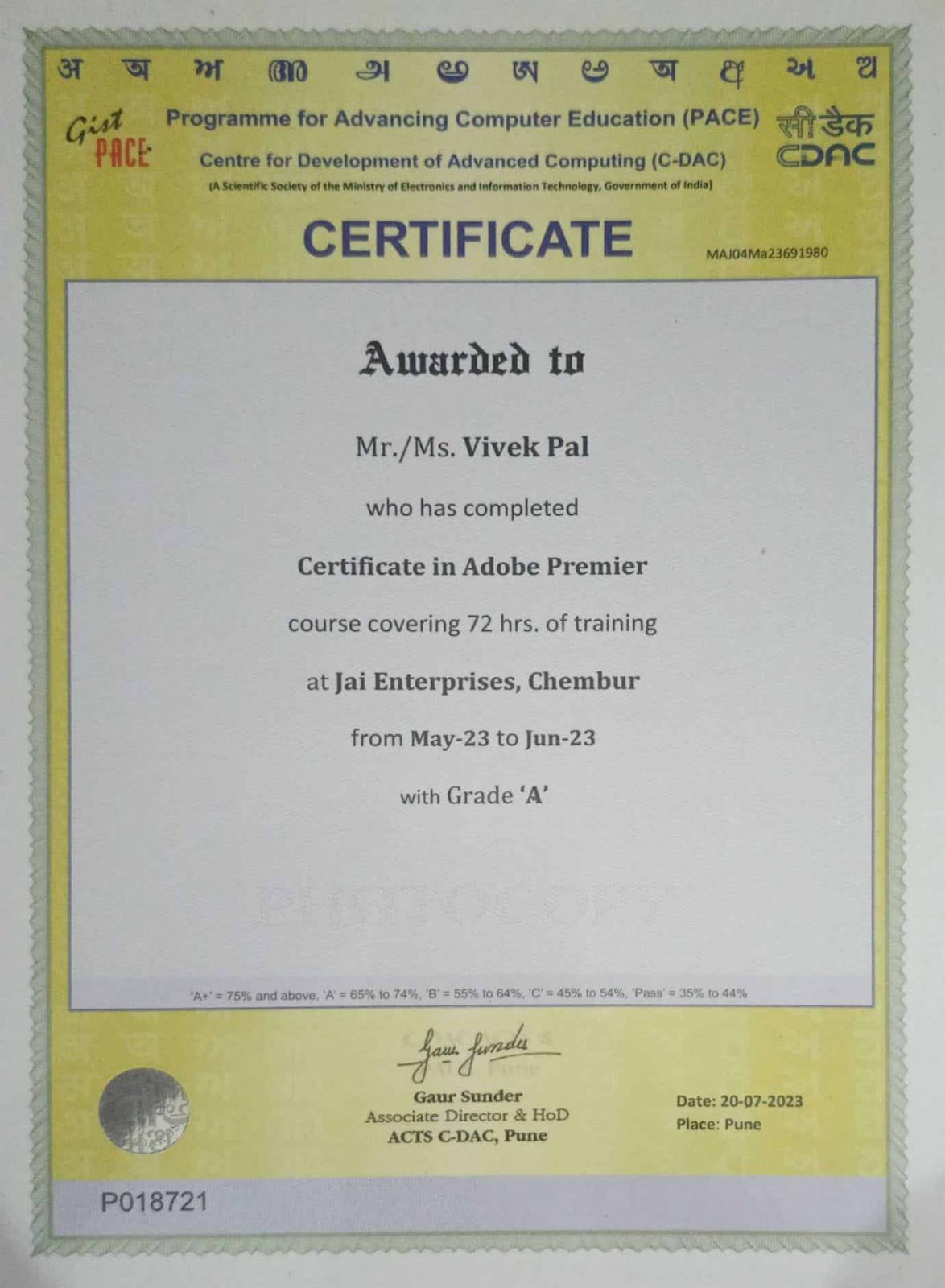 Certificate in Adobe Premier pro