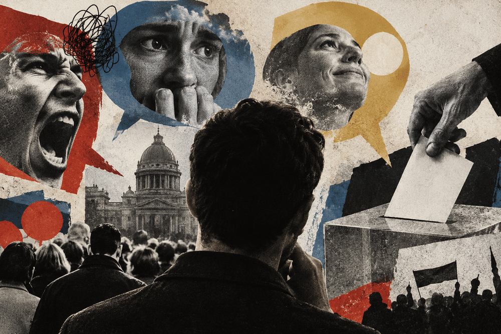 Ilustracija birača okruženog prizorima straha, ljutnje, nade, političkog okupljanja i glasanja
