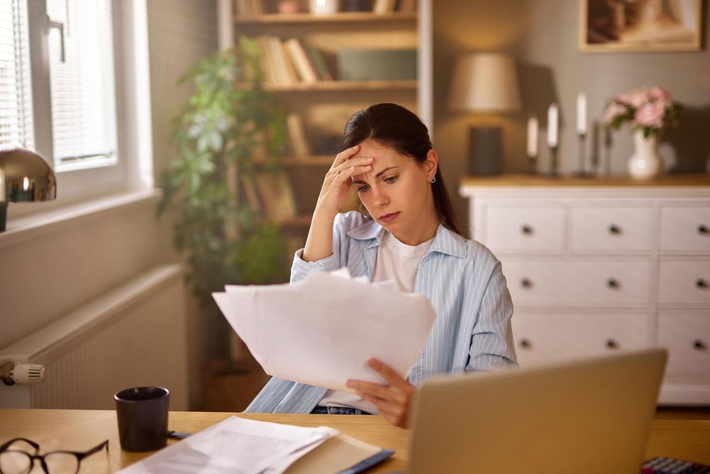 A woman wearing glasses studies documents with a concerned expression while sitting at home.