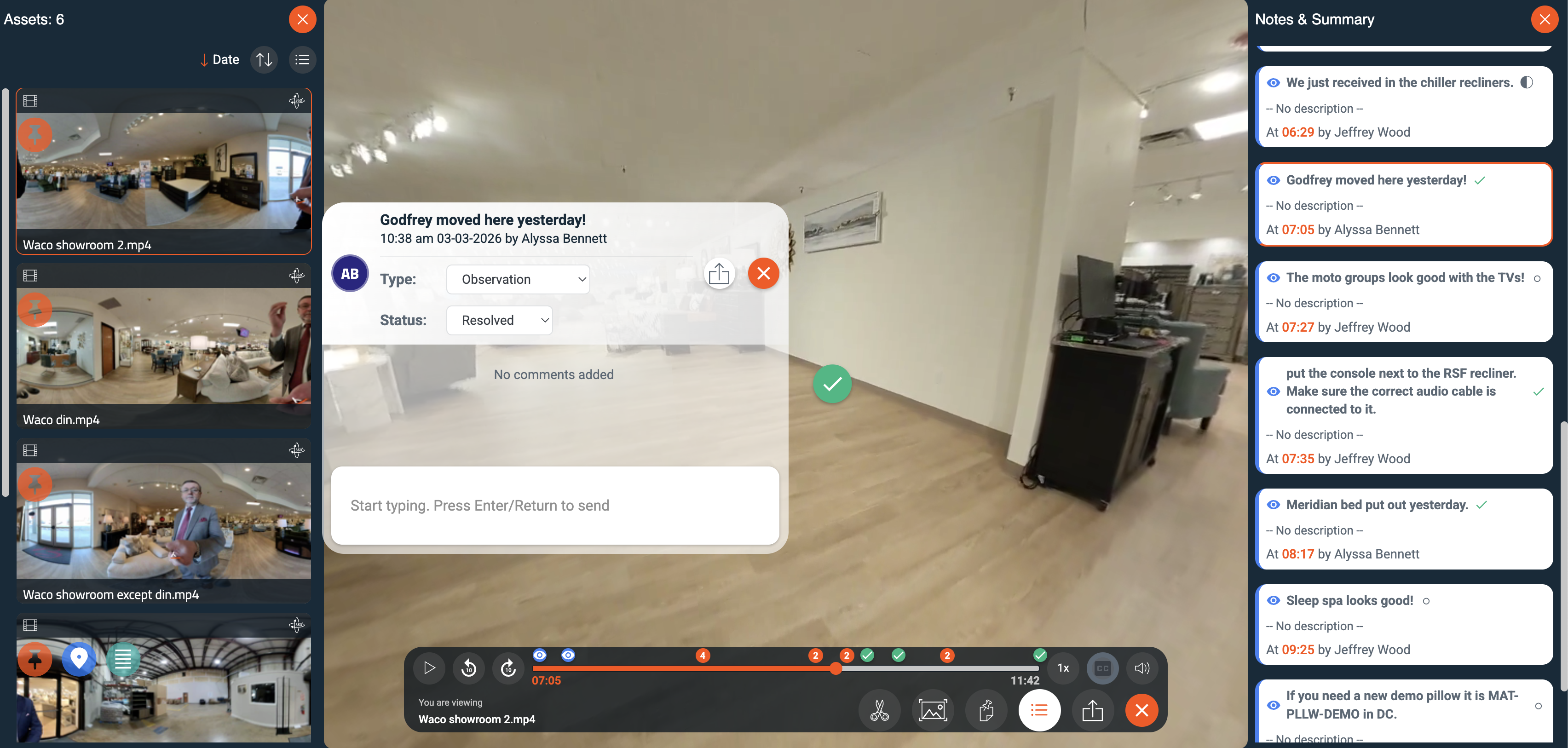 Avatour notes pinned to 360° video of Bob Mills showroom