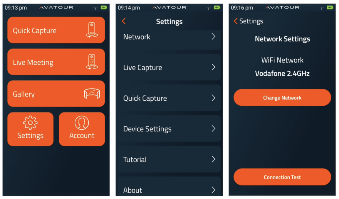 Application caméra 360° Avatour - Trois menus