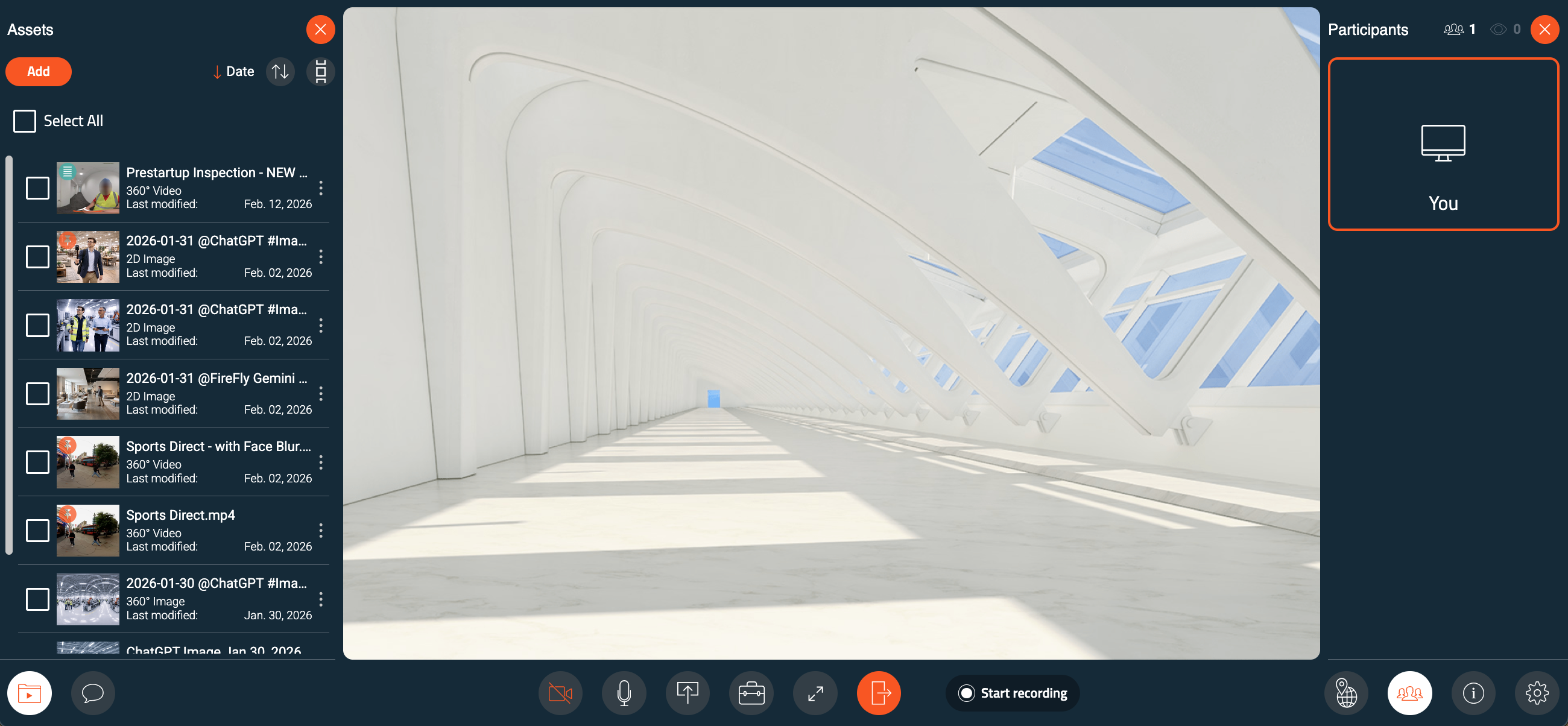 Interface de réunion Avatour avec panneau des ressources, canevas vide et panneau des participants