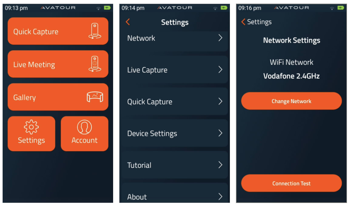Application Avatour 360° Camera - Trois menus