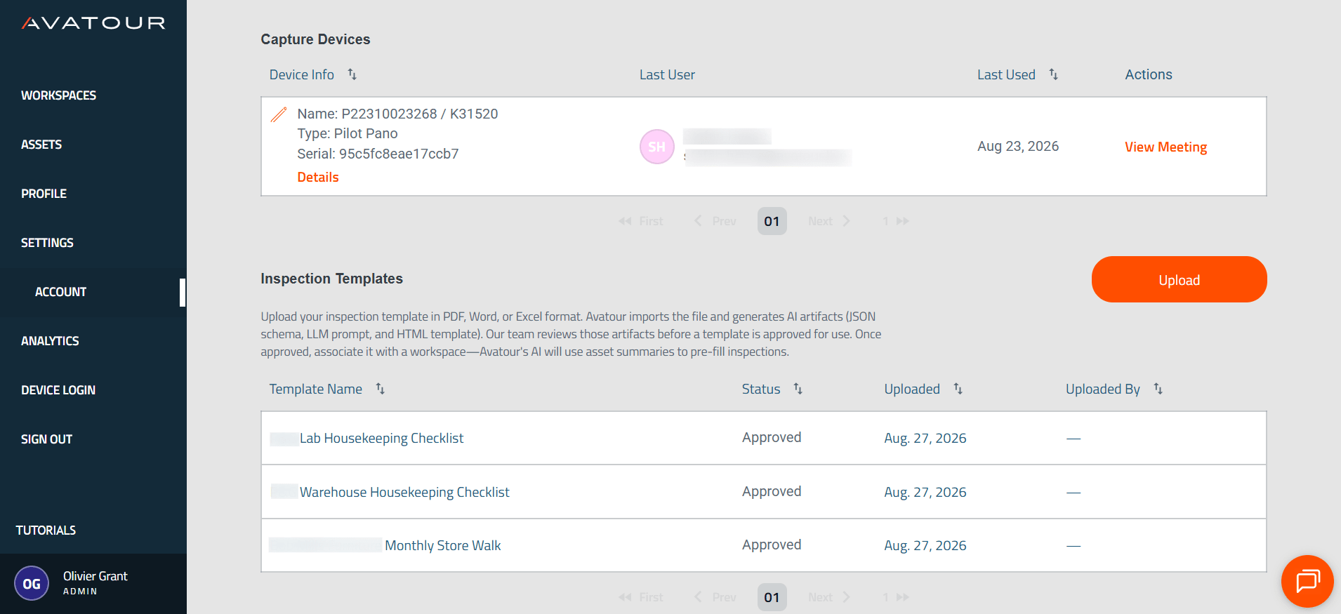 Avatour Web Console - Main Menu Item Account