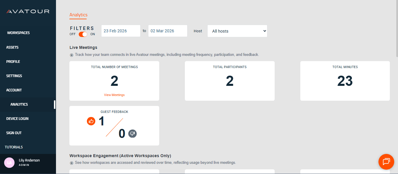 Console Web Avatour - Élément du menu principal « Analytics » (1 sur 3)