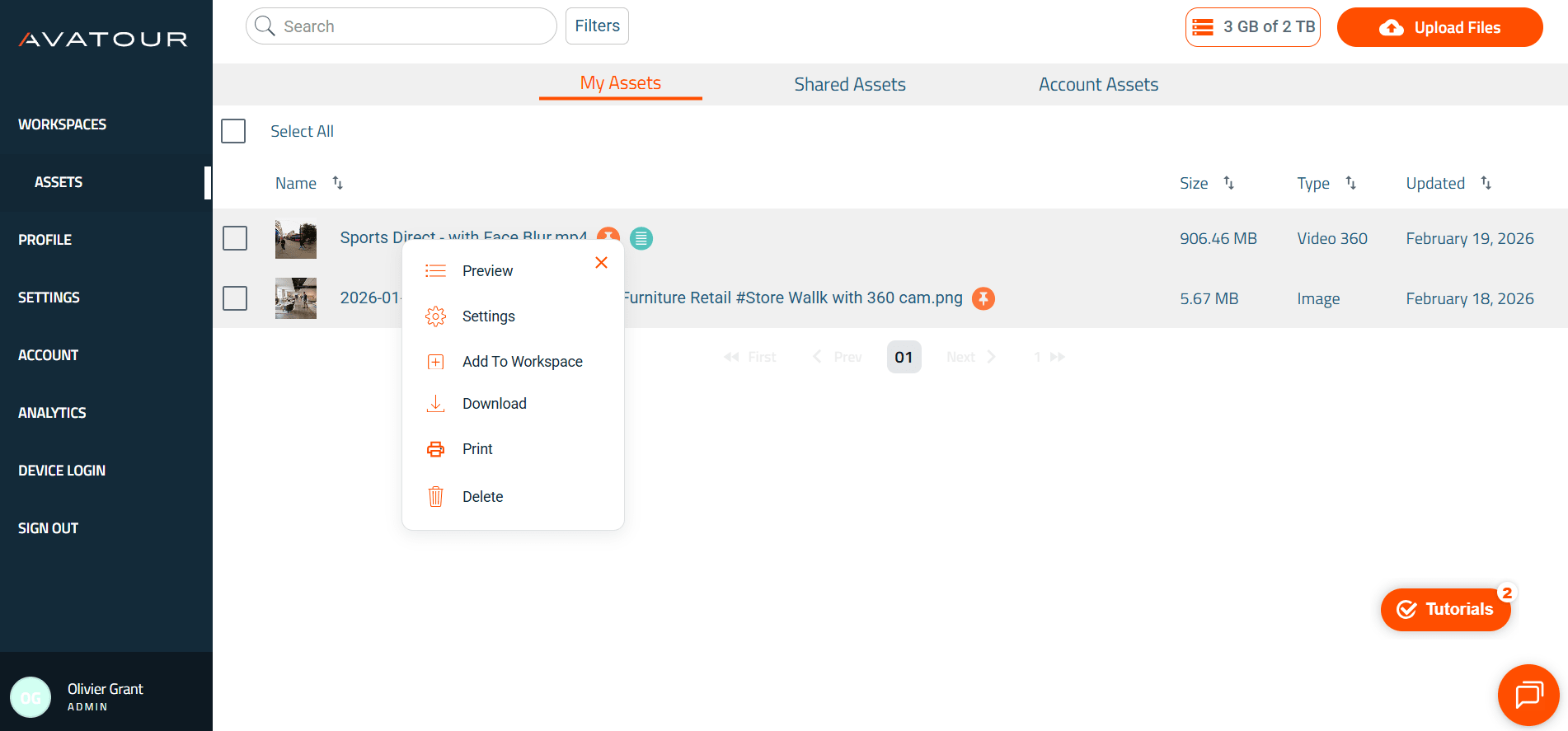 Console Web Avatour - Élément du menu principal « Ressources »