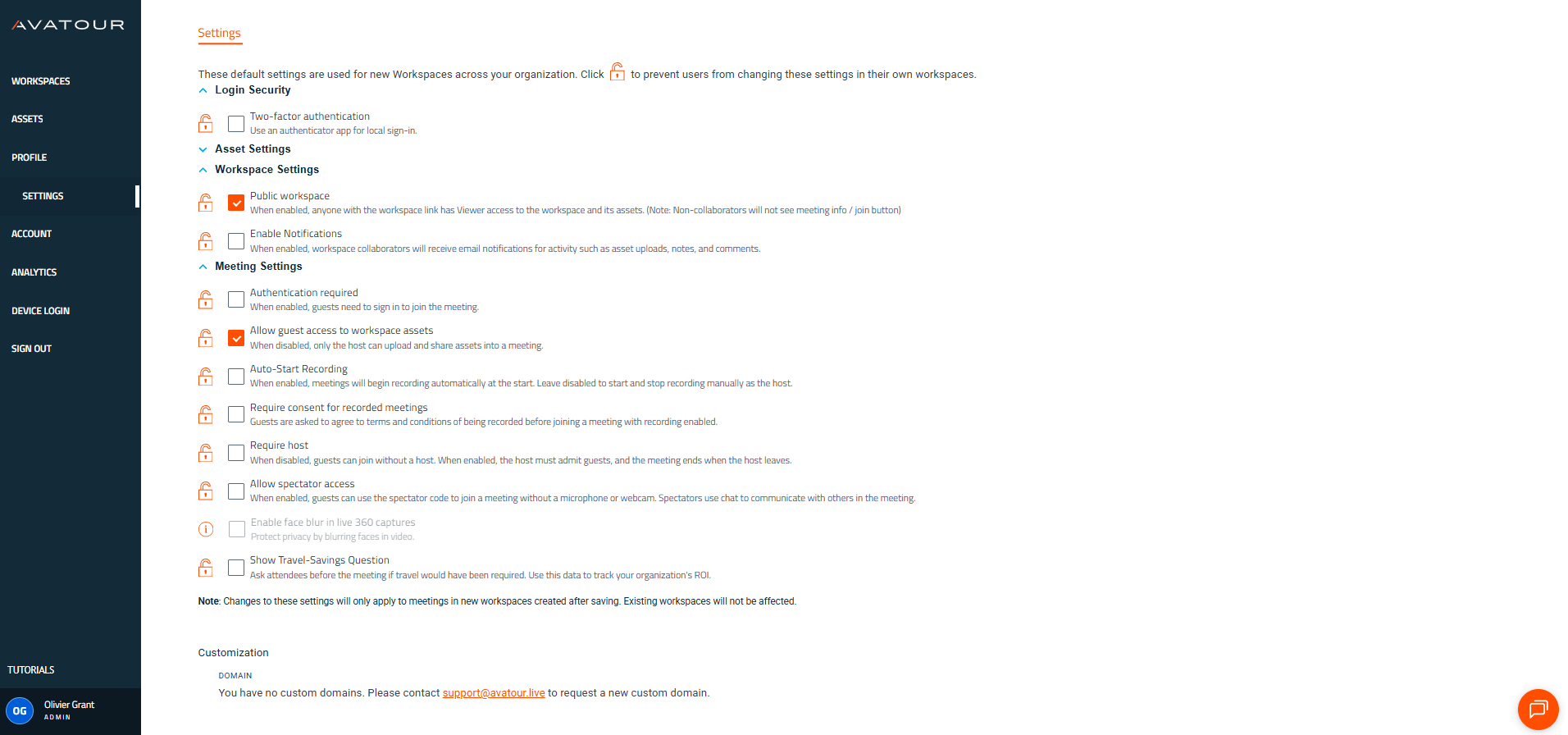 Avatour Web Console - Main Menu Item Settings