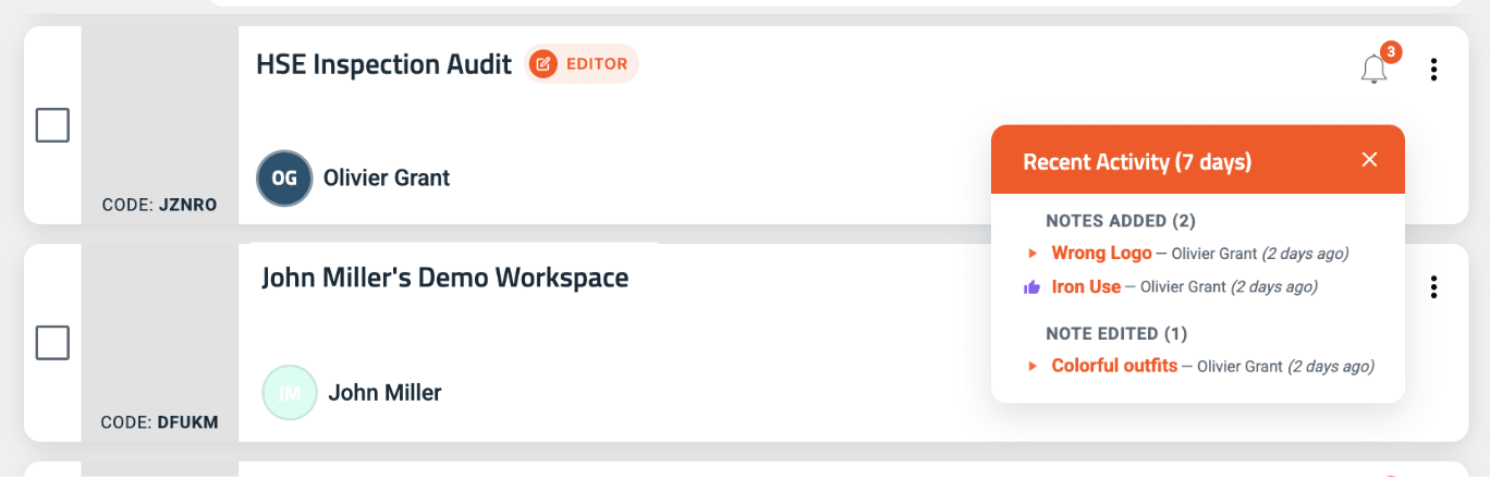 Console Web Avatour - Activités récentes de l'espace de travail