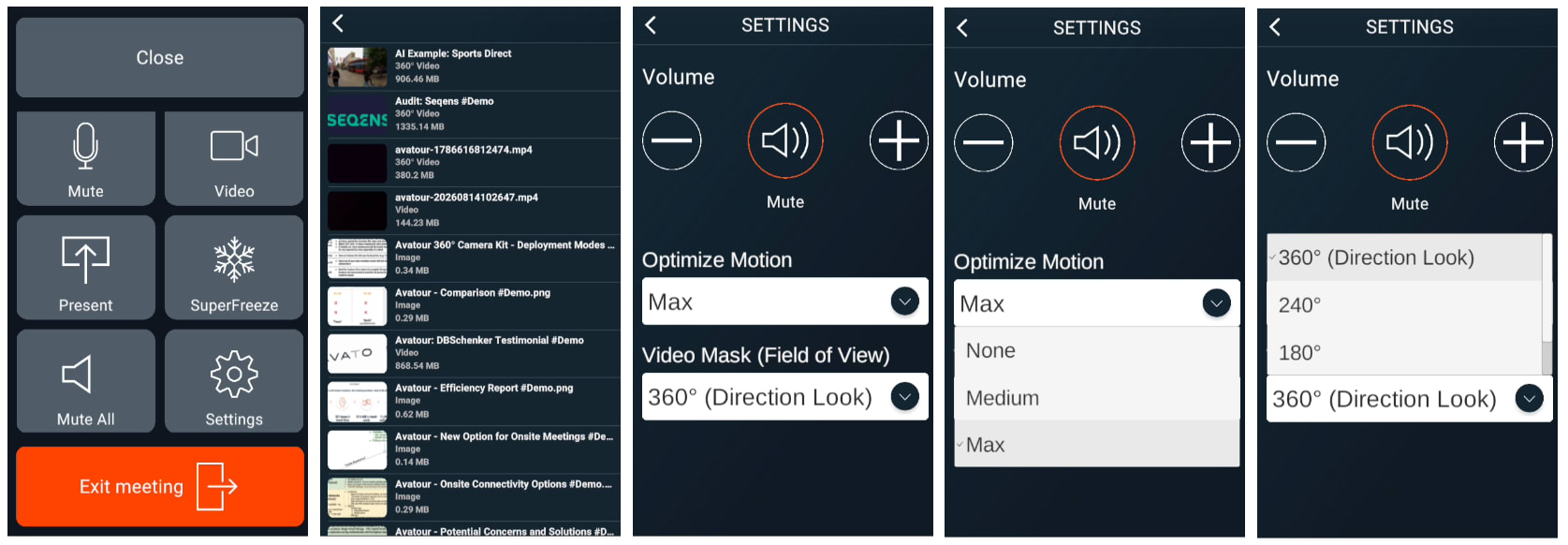 Avatour 360° Camera App - การตั้งค่าระหว่างการประชุมสด