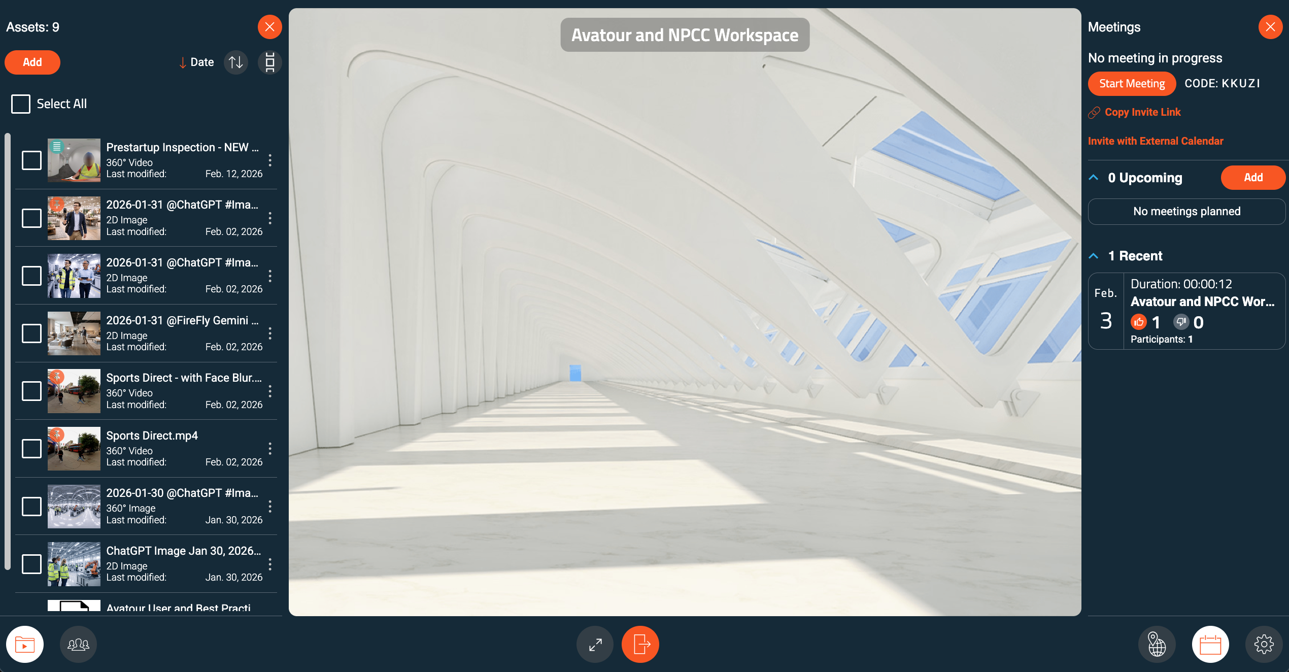 Avatour Workspace with Assets Panel, blank Canvas and Meetings Panel