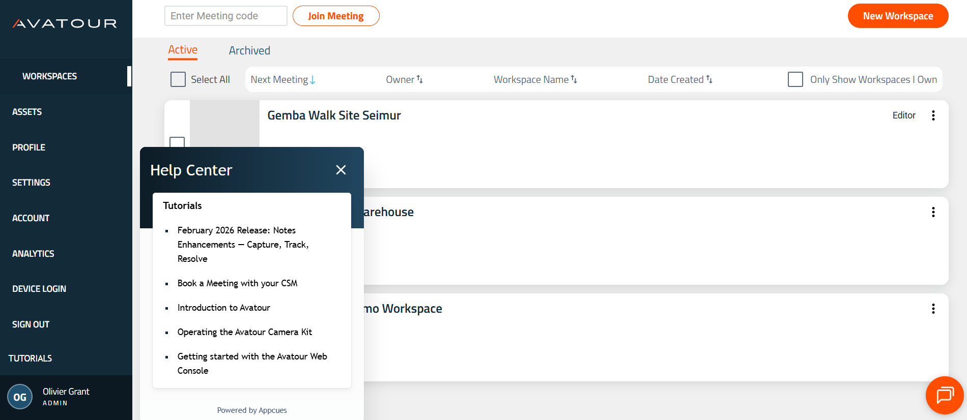 Avatour Web Console - Main Menu Item Tutorials