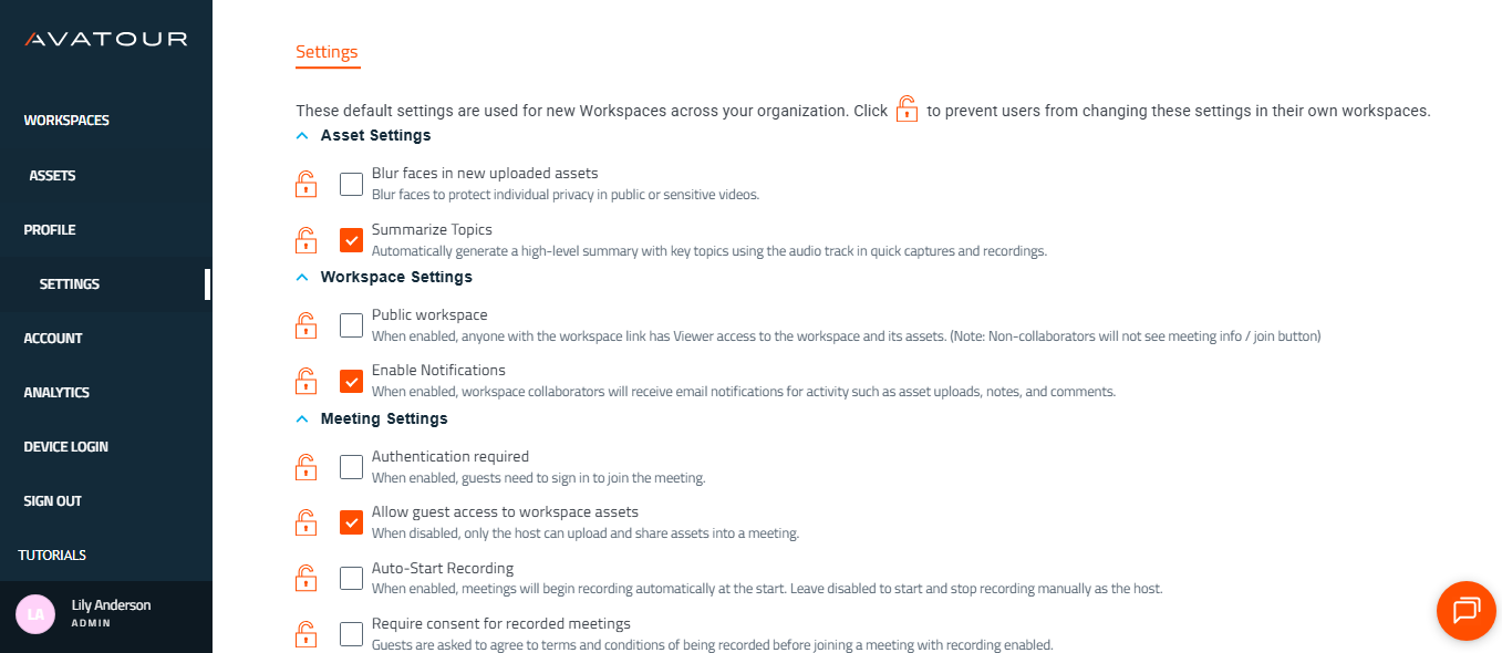 Avatour Web Console - Main Menu Item Settings (1 of 2)