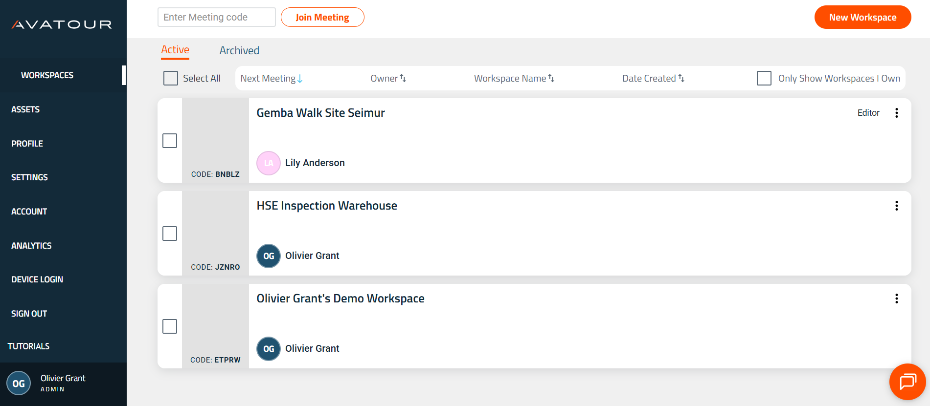 Avatour Web Console - Main Menu Item Workspaces