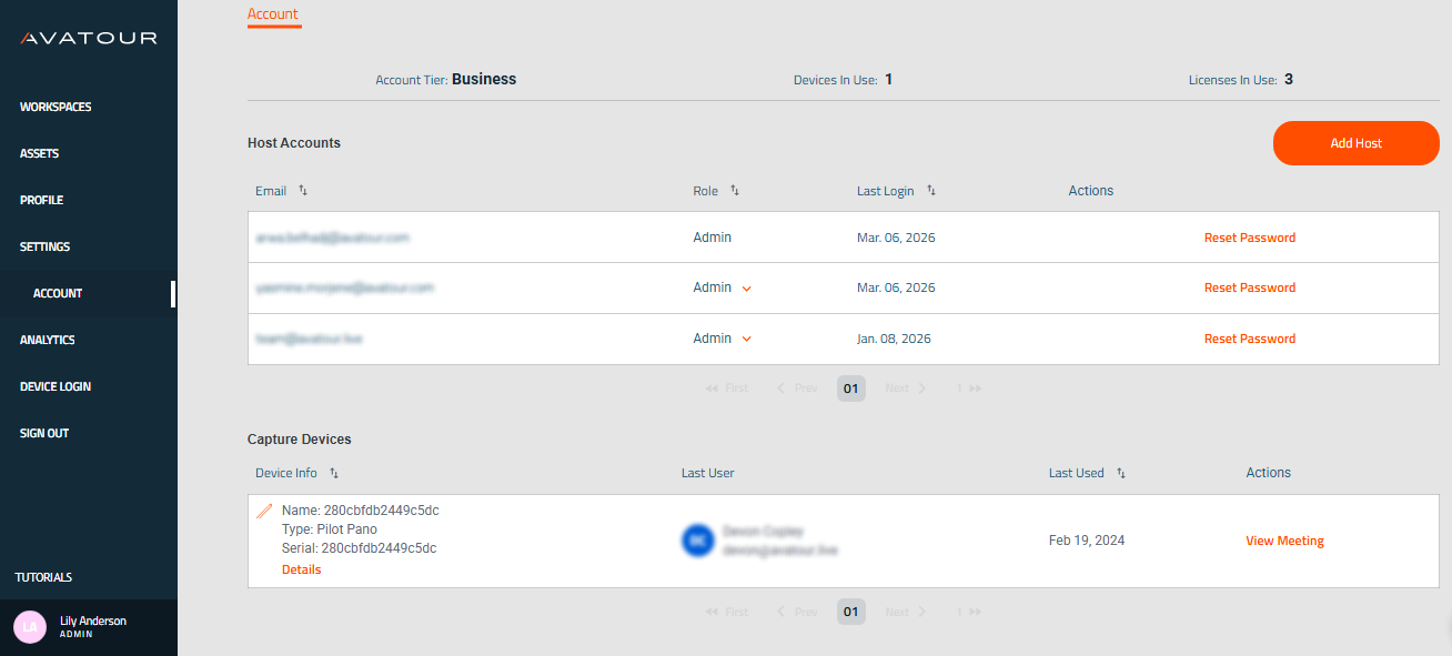 Avatour Web Console - Main Menu Item Account (1 of 2)