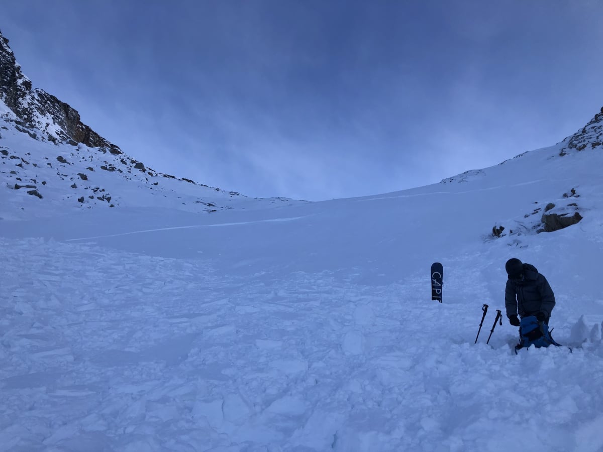 Traversed a slope towards a moraine feature exiting 7 steps of paradise and triggered a 1.5 in the shallow rocky snowpack. Stepped down to pwl.