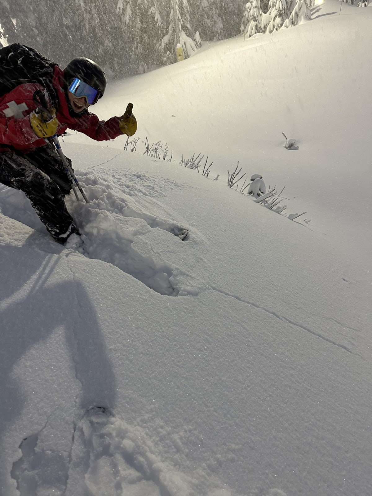 Shooting cracks on convexities and slopes over 30 degrees. Cross loading from moderate SE winds were creating deeper and more cohesive pockets on W facing slopes and features 