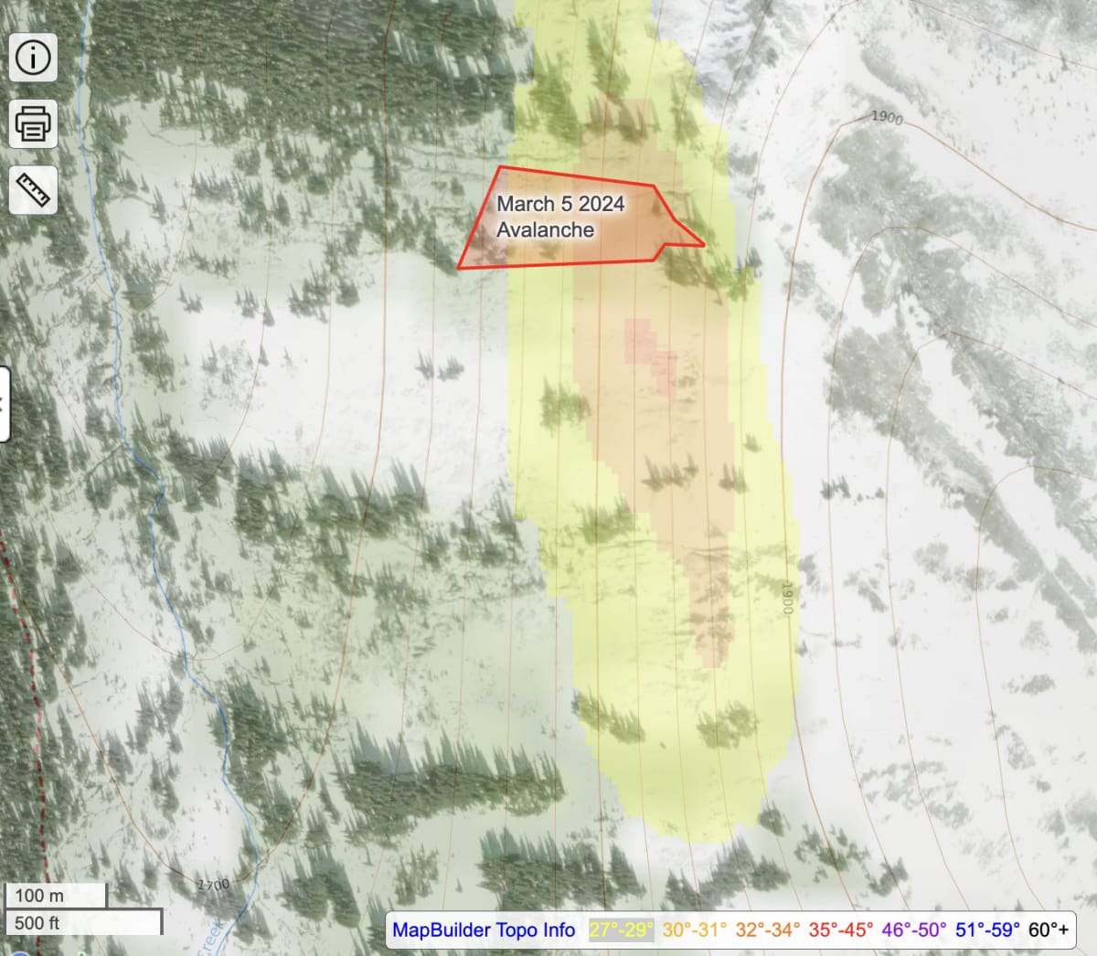 Map showing the location and approximate size of the avalanche via caltopo.com