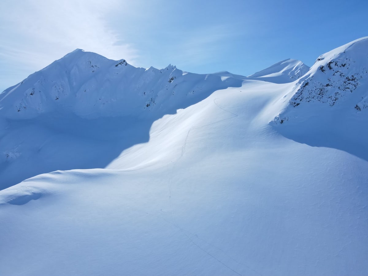 Skin track up the glacier from the party ahead of us 