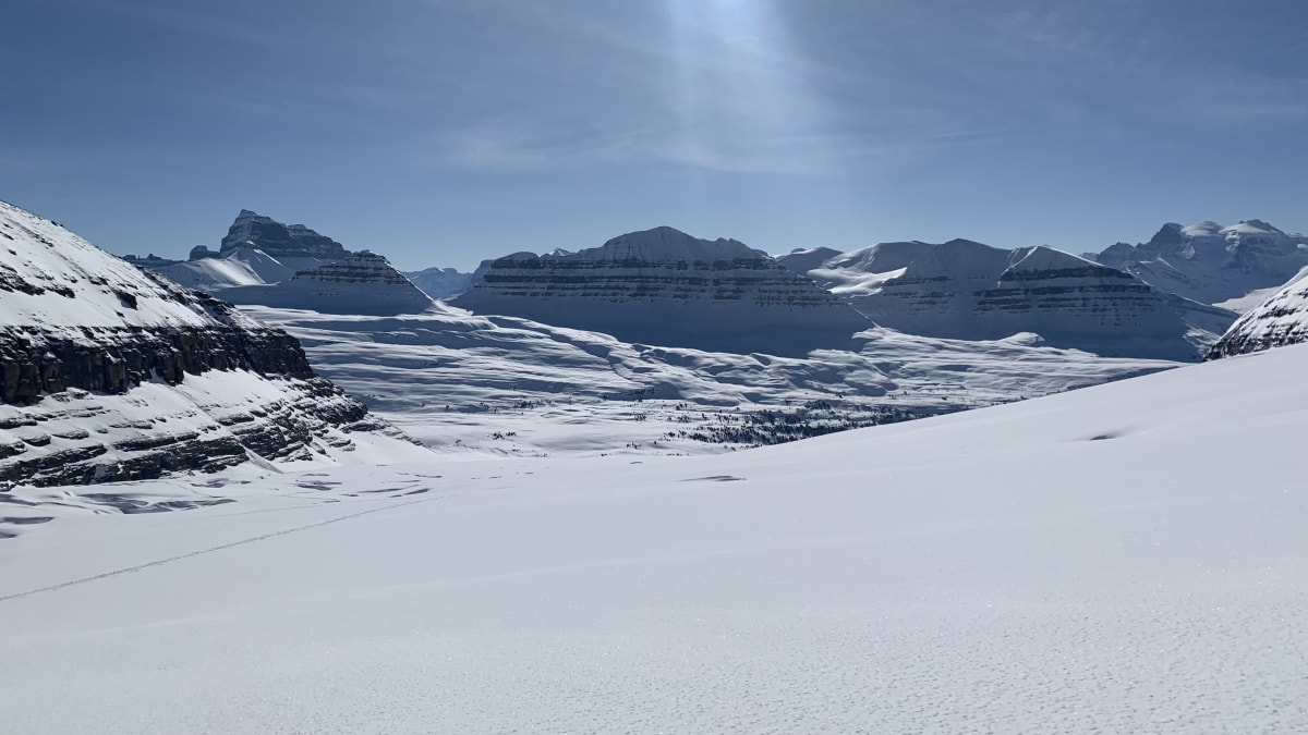 Looking back at the descent down to the meadows