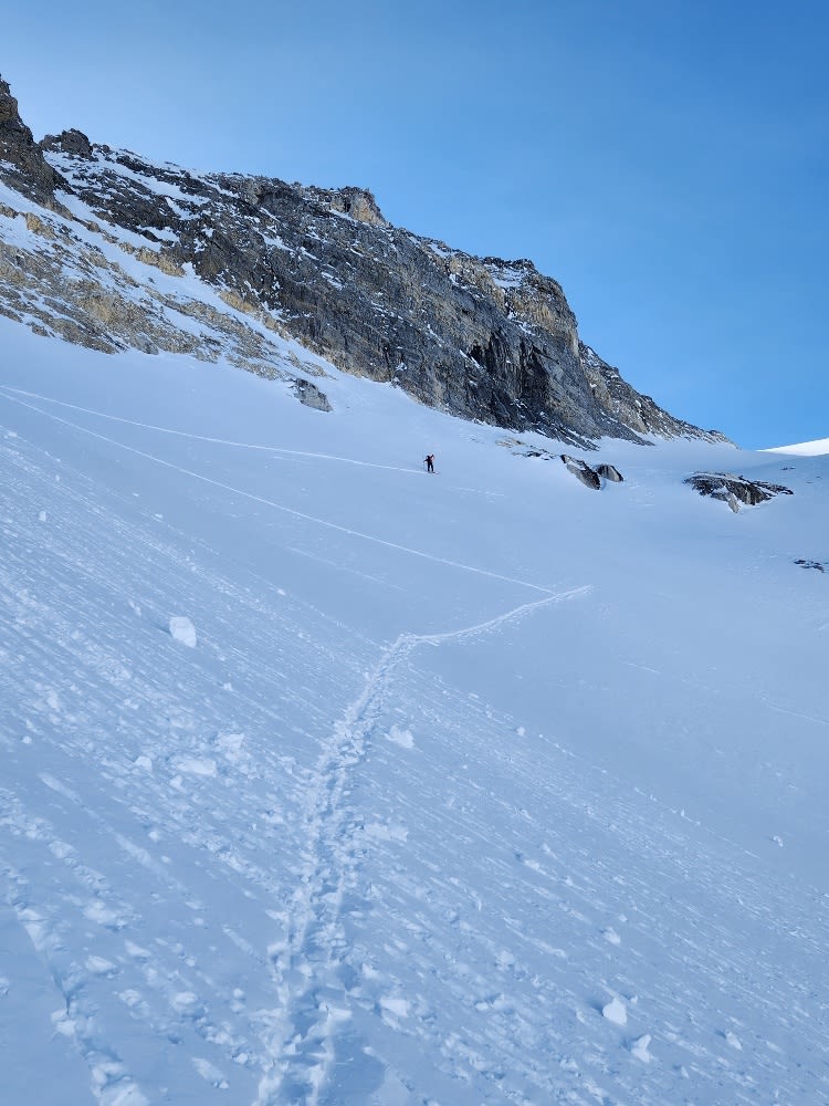 This slope accesses the col on the left side and was a mix of MF crust and wind effect with shallow snow in spots.