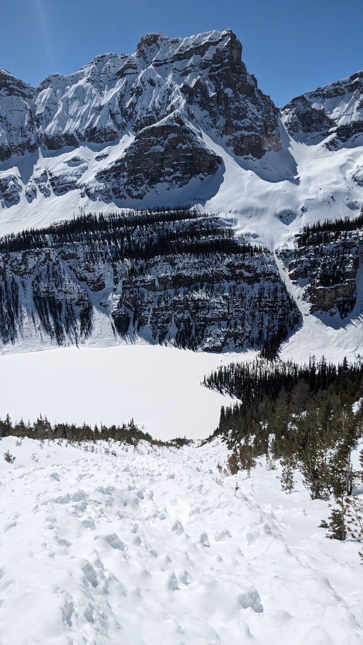 Looking down the slide path. Next time, I'd take the gully across the lake to gain the plateau above Boom.