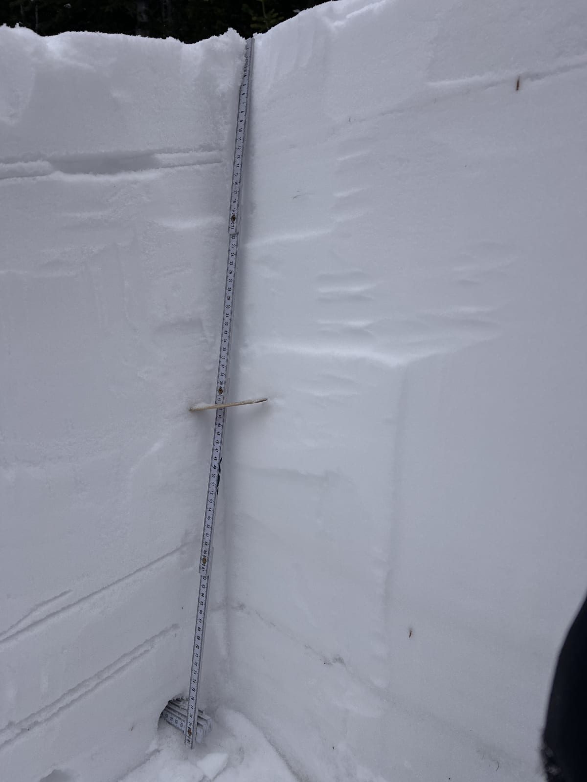 Snowpack depth 90 cm in wind-loaded area. Melt freeze crust down 10 cm, settled mid-pack with crusts that are breaking down at the base.