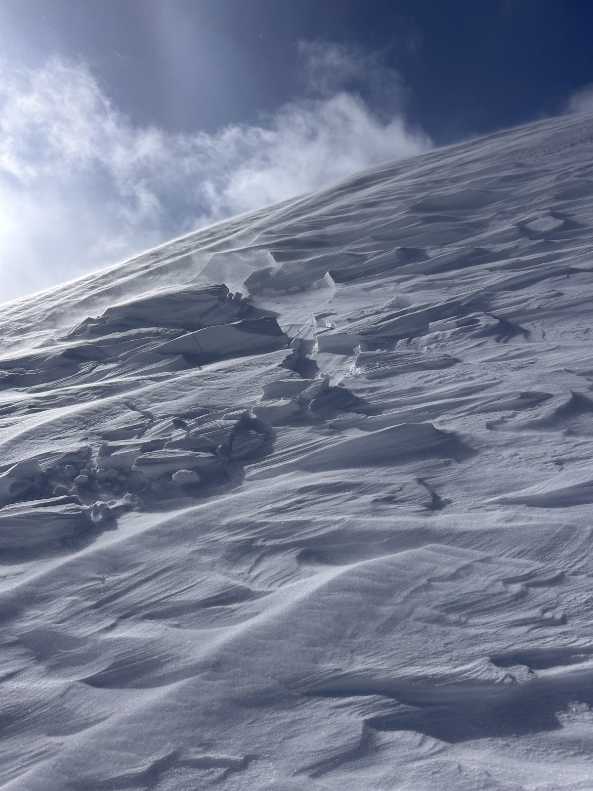 Hard wind slab forming at ridge crest from strong north easterly winds. 
