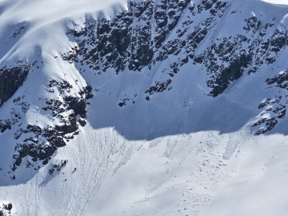 A bunch of wet loose activity from last week's storm overlaying an older slab avalanche.
