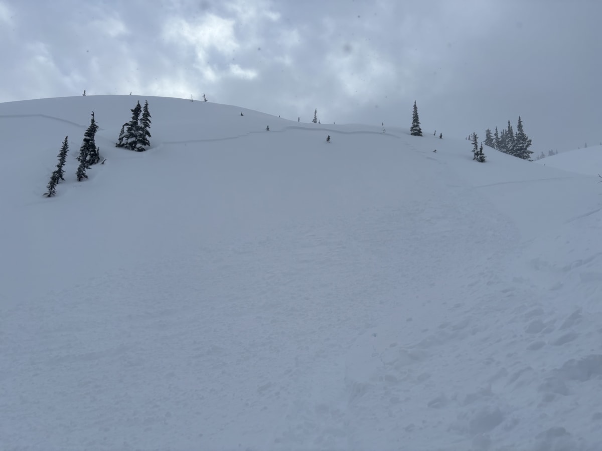 My ski tracks are evident mid frame on the right and are washed away by Avy debris