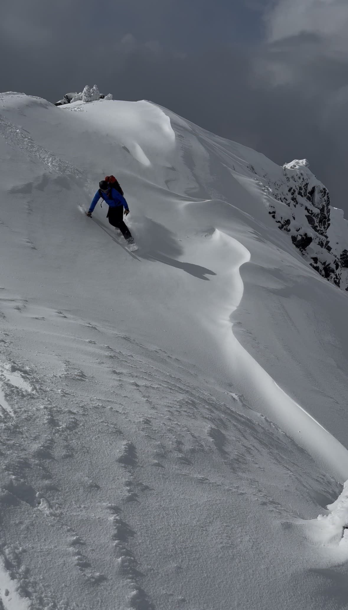 Clear evidence of wind effect at ridge top.