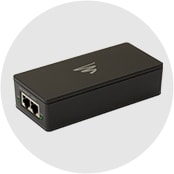 Power over ethernet adapter with two network ports and a power source input.