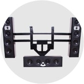 Speaker mounting system with black speakers.