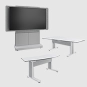 Forum Collaboration collage showing the arc table, rectangle table and the display stand in white