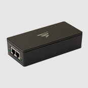 Power over ethernet adapter with two network ports and a power source input.