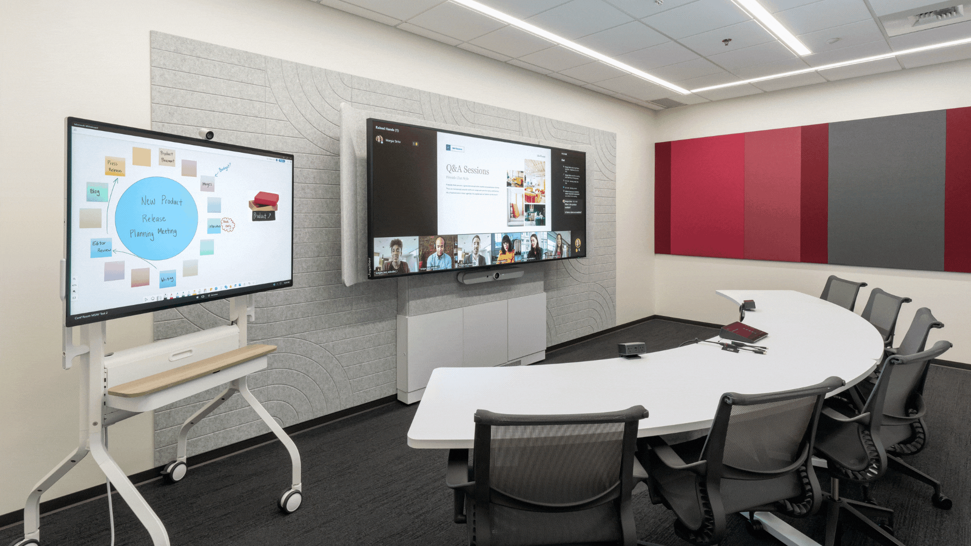 A conference room with the Surface Hub Room AV solution fades out and an image of a conference room with the Medium Signature Teams Room solution takes its place. 
