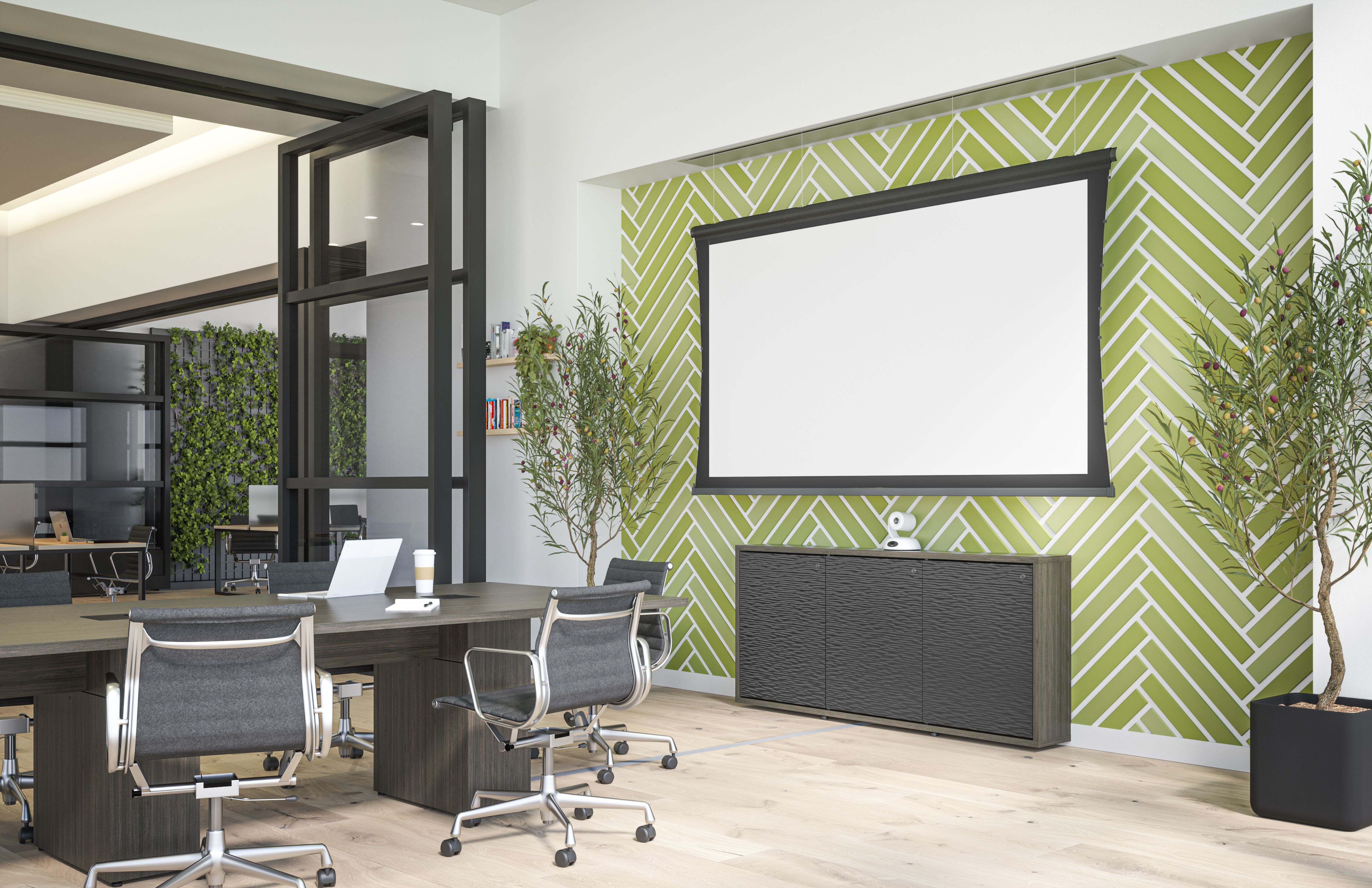 Meeting room with a projection screen and credenza.