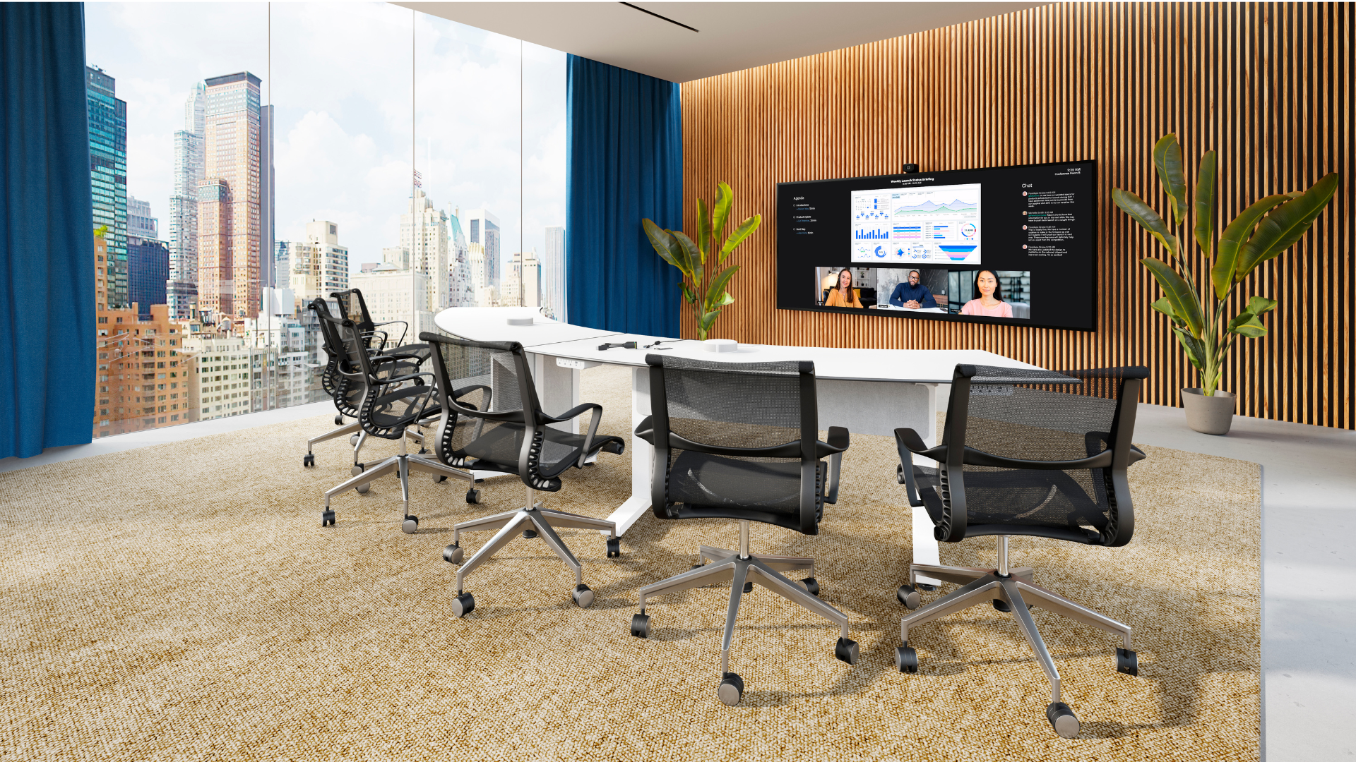 A modern conference room featuring 21:9 ultrawide format solution
