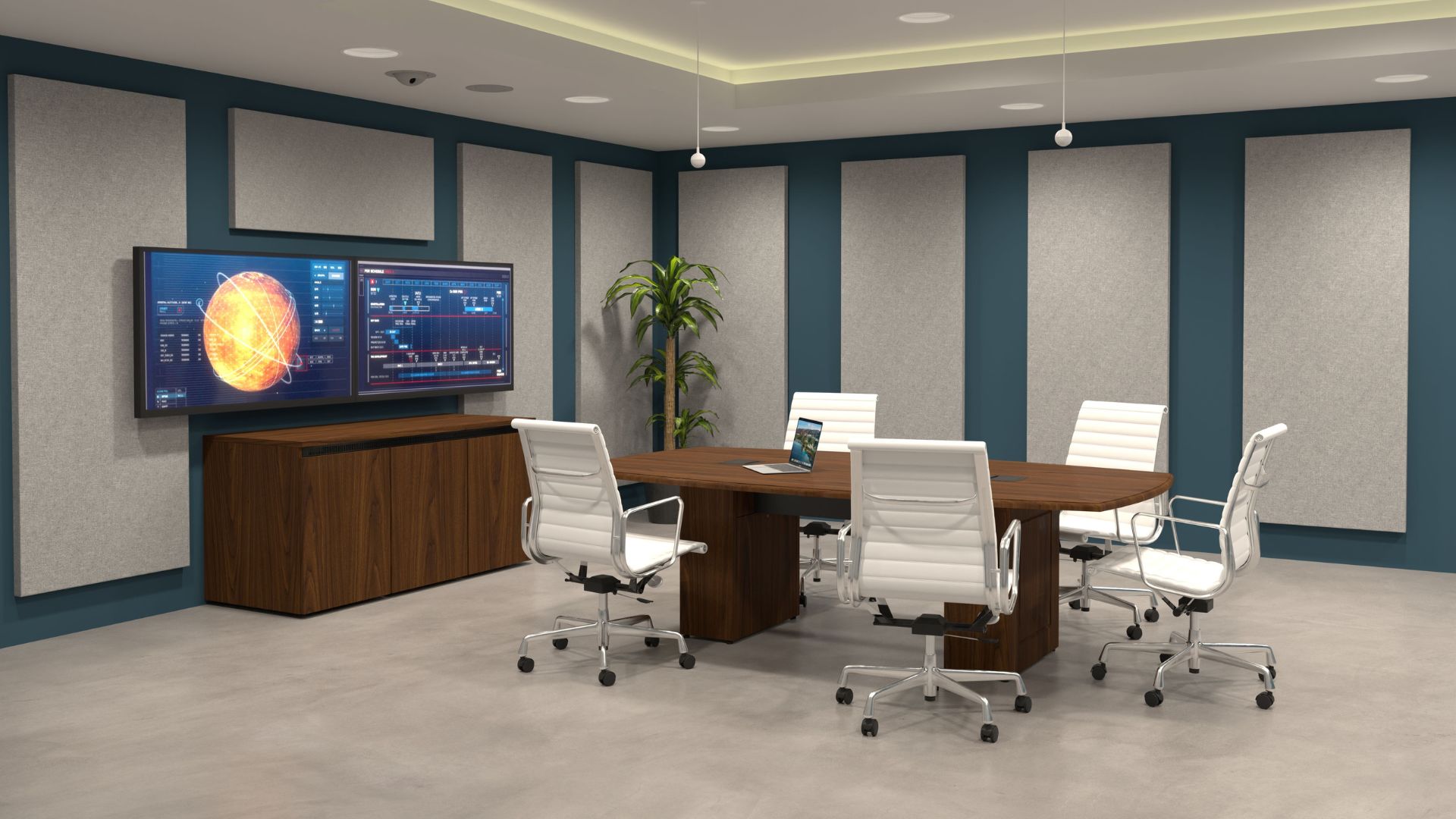 Conference room with credenza and dual displays.