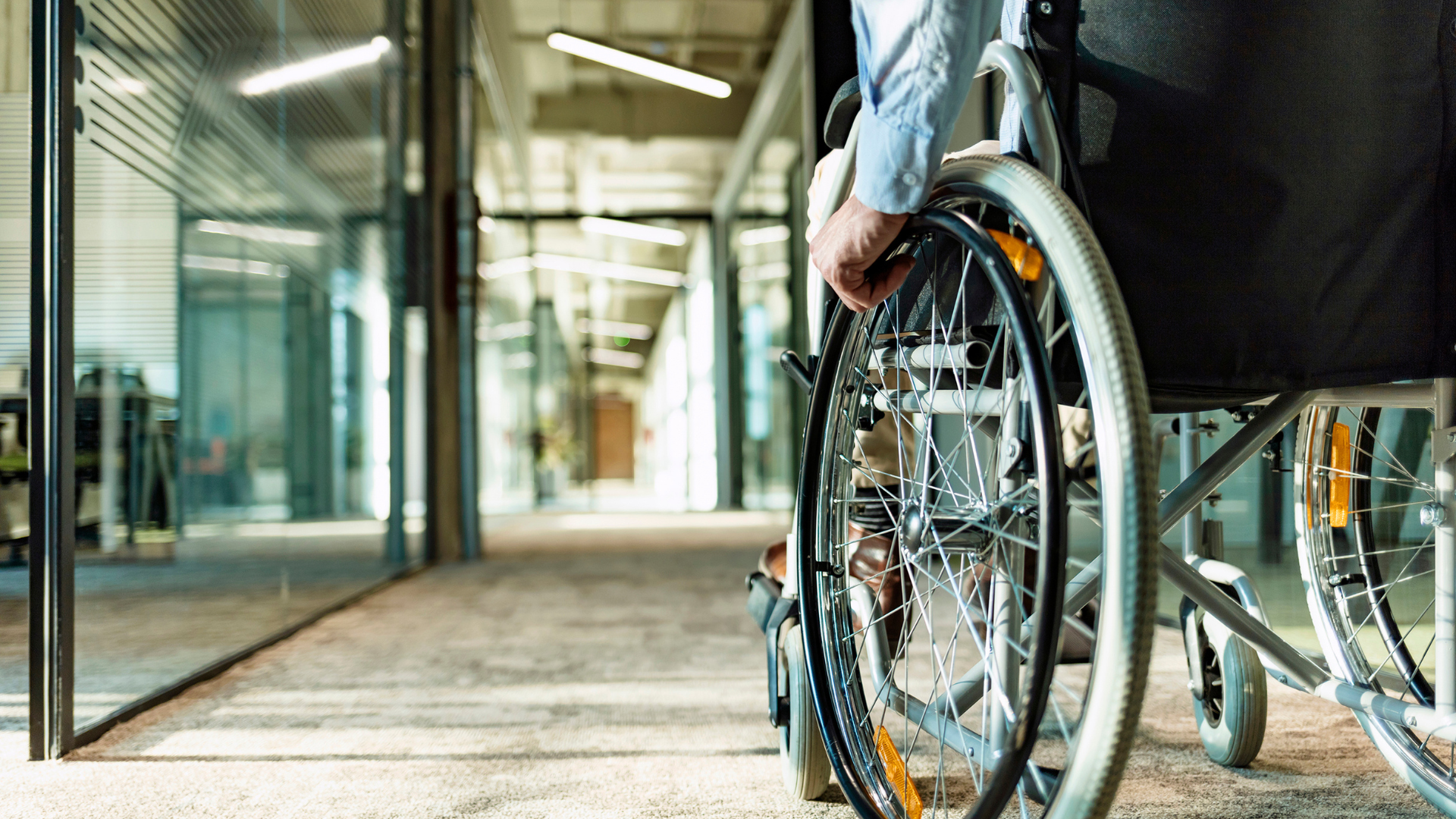 Wheelchair in an office hallway