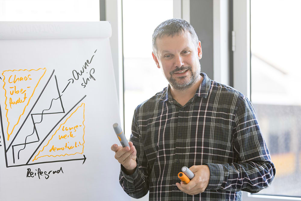 Mann neben Flipchart