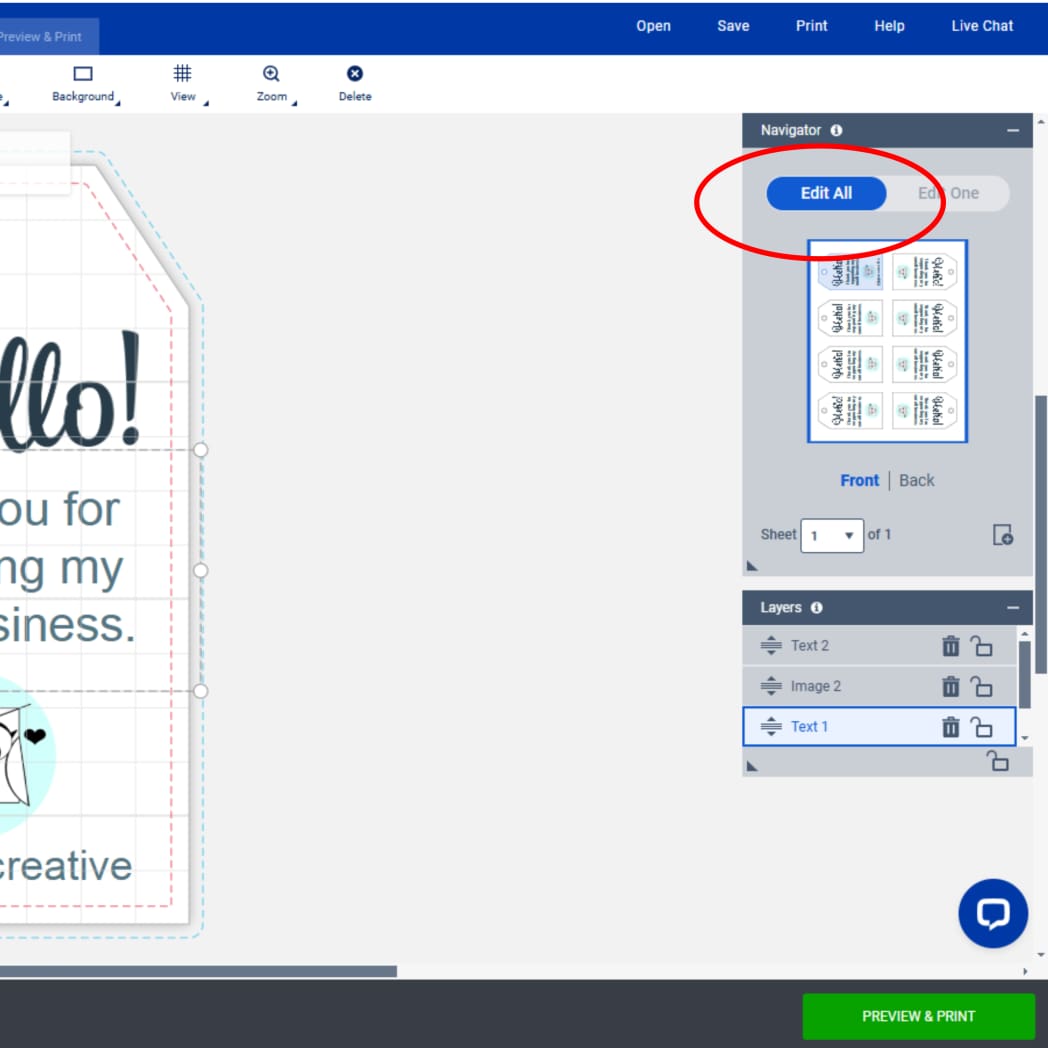 Screenshot of Avery Design & Print showing the “Edit All” option selected to update the entire sheet of printable gift tags at once.