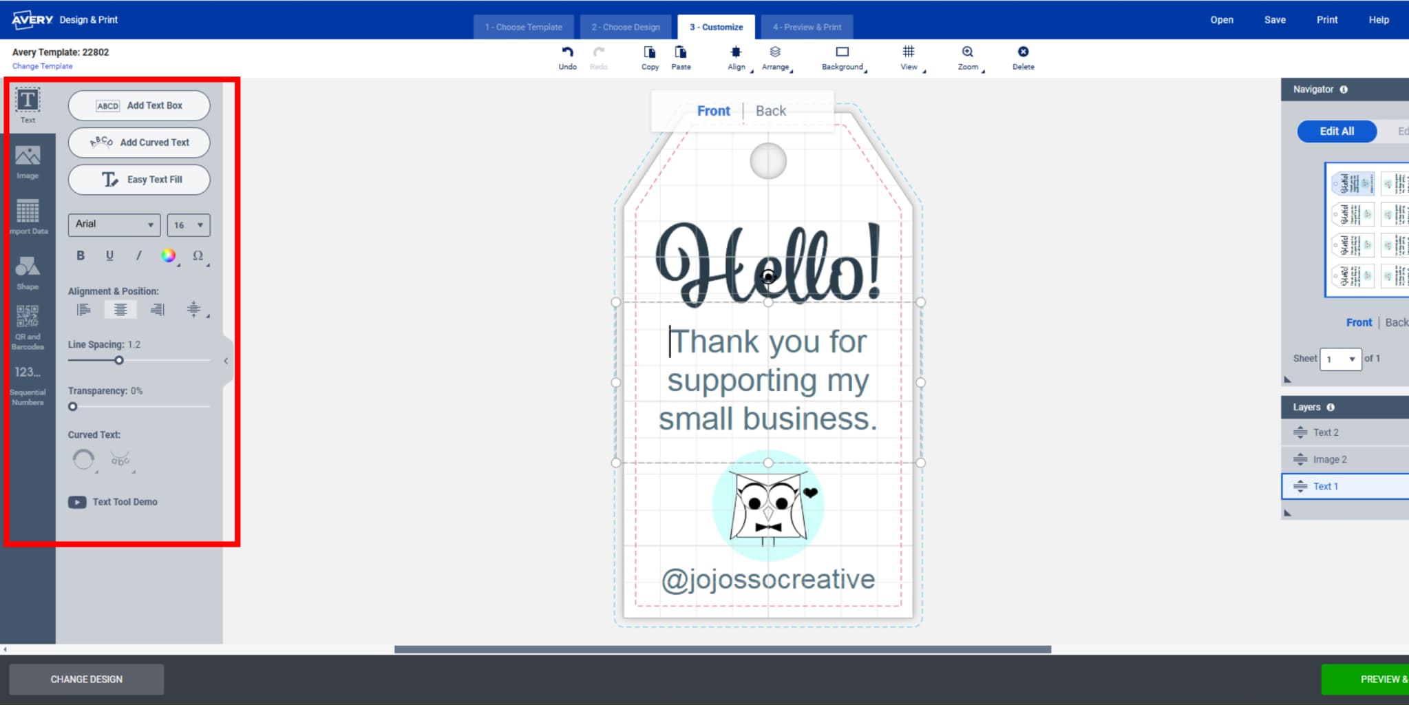 Screenshot of Avery Design & Print showing a customizable printable gift tag with text and graphics, and the left-hand editing tools highlighted, including text, colors, alignment, and transparency options.