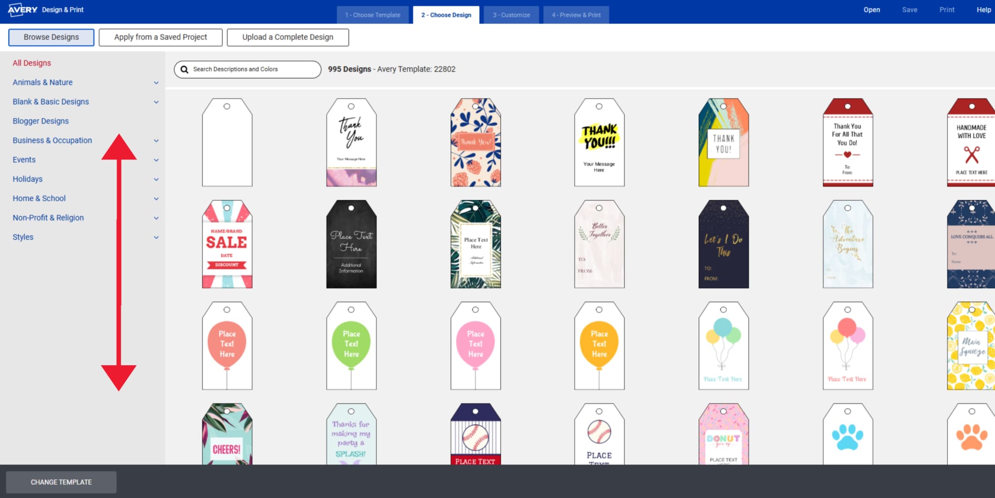 Screenshot of Avery Design & Print showing the Browse Designs gallery for printable gift tags, with various tag templates displayed and the design category list expanded on the left.