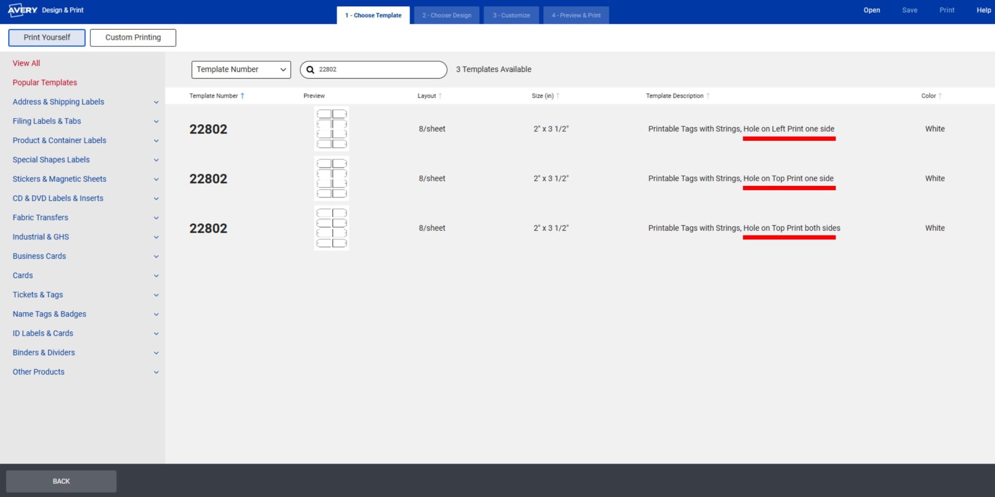 Screenshot of Avery Design & Print showing three printable gift tag templates for product 22802, including options to print on one side or both sides with the hole on the left or top.