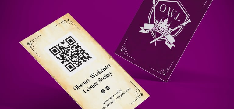 Two-sided business card design featuring a QR code on the front and a logo on the back.