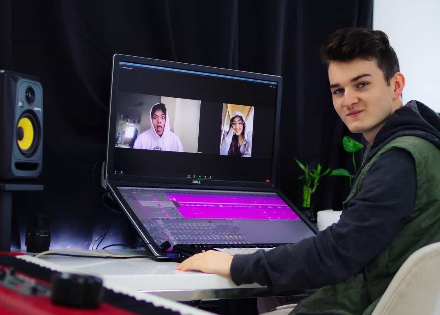 Lorenzo Wood in studio, working with Alex Oliva and Jillian Batt over a Zoom call