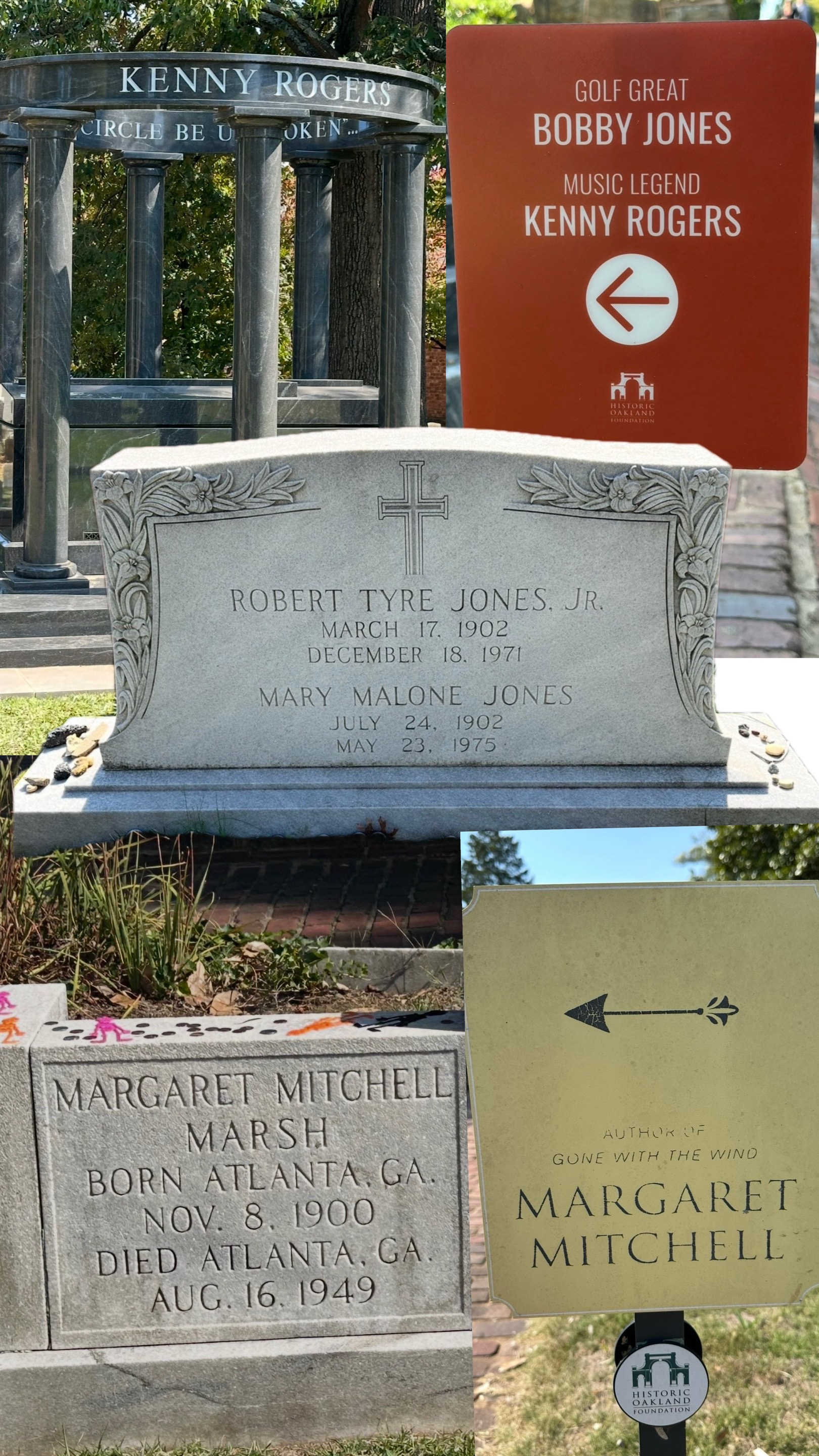 Oakland Cemetery, several residents including Kenny Rogers, Bobby Jones and Margaret Mitchell, author of Gone With The Wind.